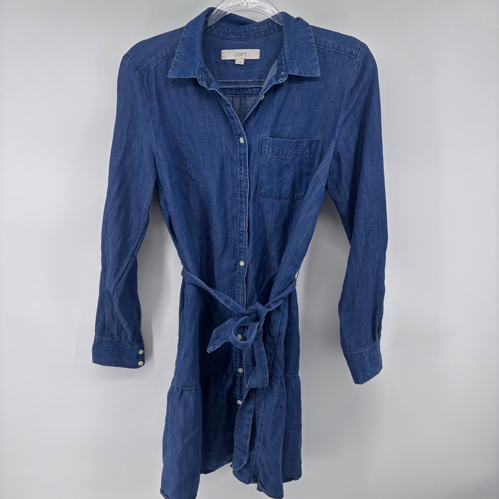 LOFT Denim Dress Womens Small Button‎ Down Tiered Hem Long Sleeve Belted